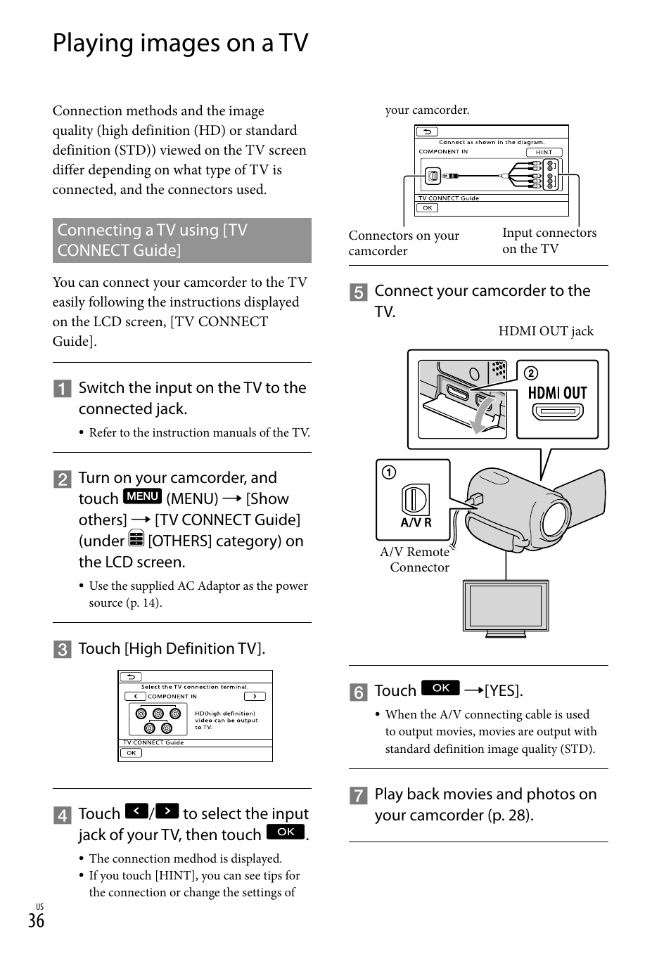 Playing images on a tv, Connecting a tv using [tv connect guide | Sony HDR-CX300 User Manual | Page 36 / 119