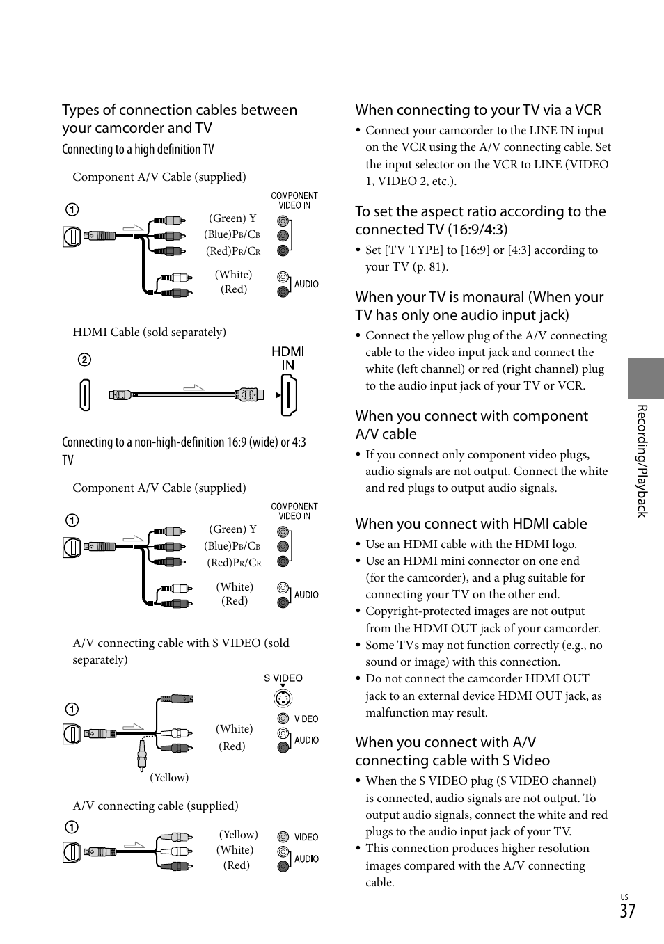 When connecting to your tv via a vcr, When you connect with component a/v cable, When you connect with hdmi cable | Connecting to a high definition tv | Sony HDR-CX300 User Manual | Page 37 / 119