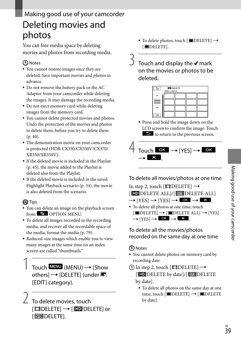 Making good use of your camcorder, Deleting movies and photos | Sony HDR-CX300 User Manual | Page 39 / 119