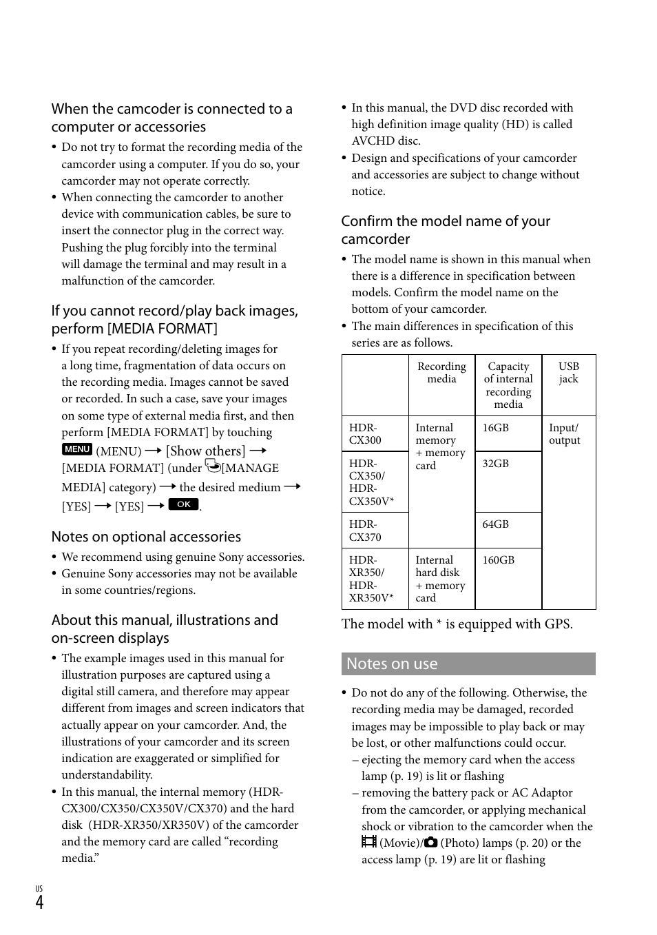 Notes on use, Confirm the model name of your camcorder | Sony HDR-CX300 User Manual | Page 4 / 119