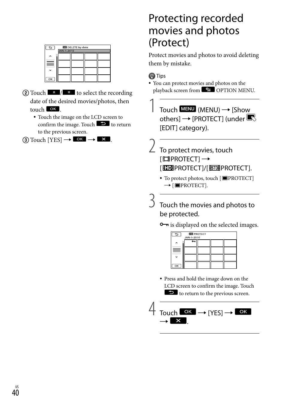 Protecting recorded movies and photos (protect) | Sony HDR-CX300 User Manual | Page 40 / 119