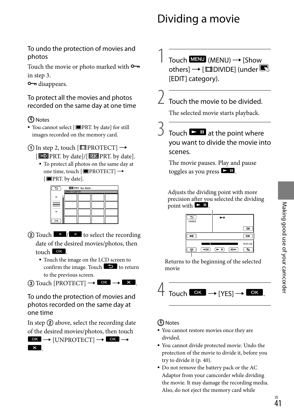 Dividing a movie | Sony HDR-CX300 User Manual | Page 41 / 119