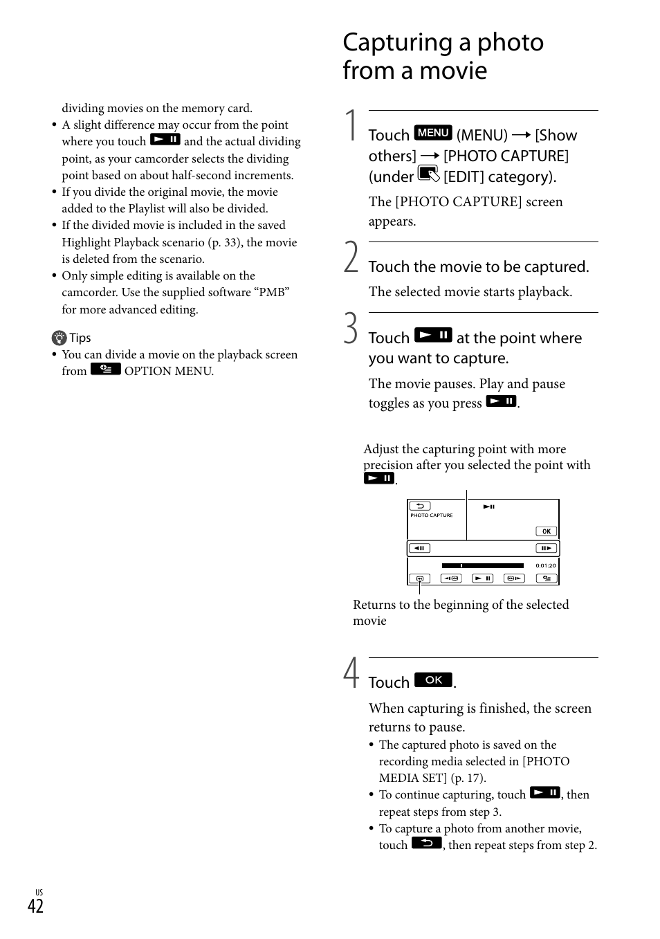 Capturing a photo from a movie | Sony HDR-CX300 User Manual | Page 42 / 119