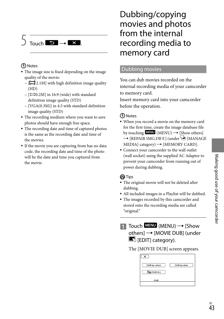 Dubbing movies, To memory card | Sony HDR-CX300 User Manual | Page 43 / 119