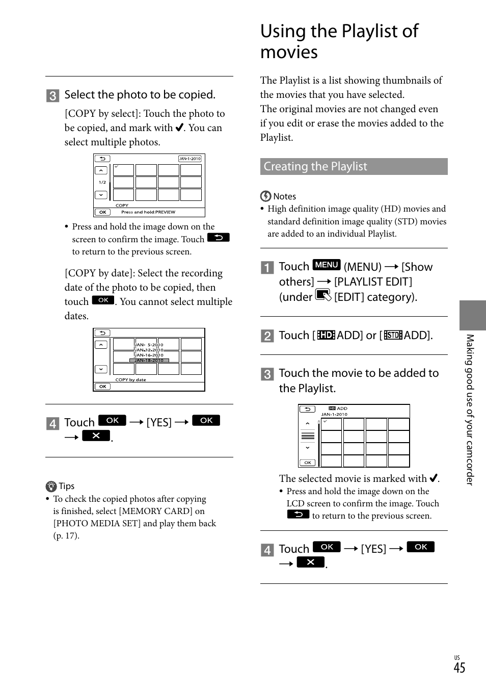 Using the playlist of movies, Creating the playlist, 45), t | Sony HDR-CX300 User Manual | Page 45 / 119