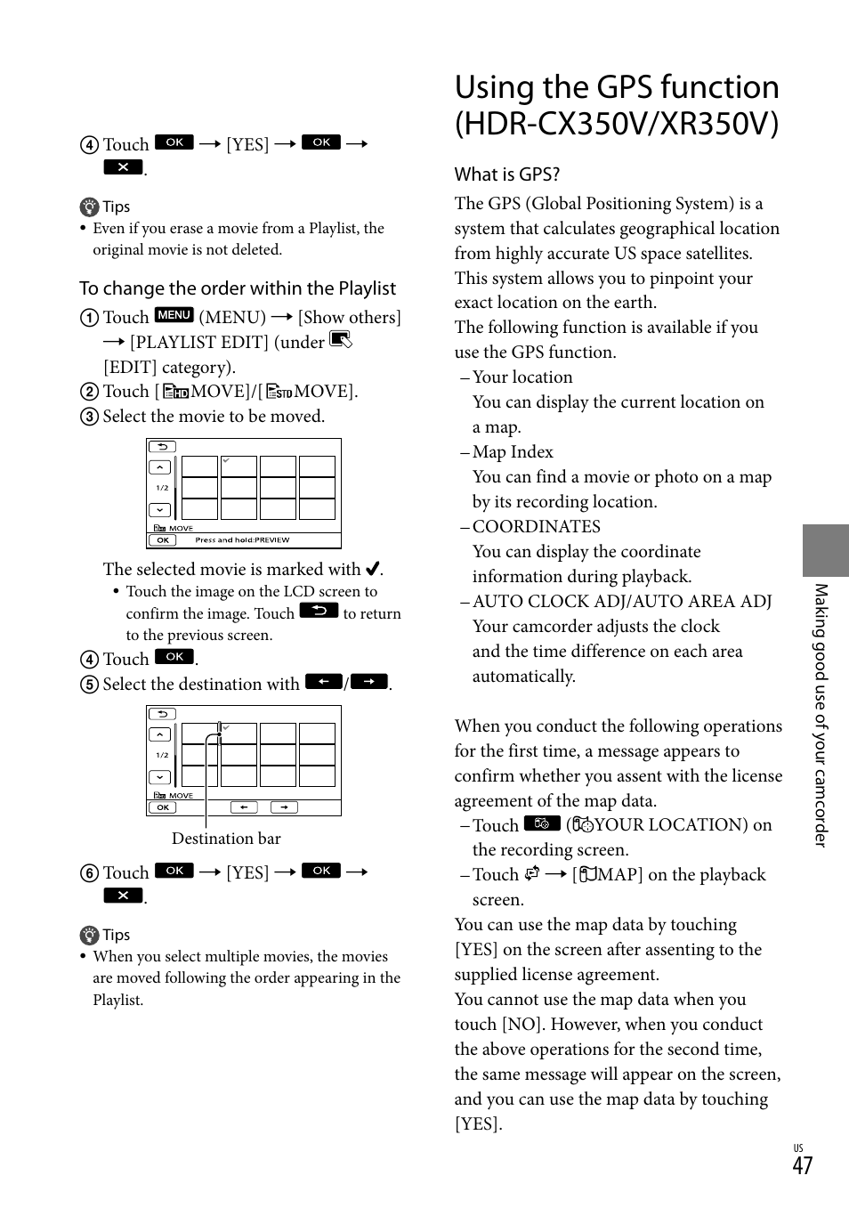 Using the gps function (hdr-cx350v/xr350v) | Sony HDR-CX300 User Manual | Page 47 / 119