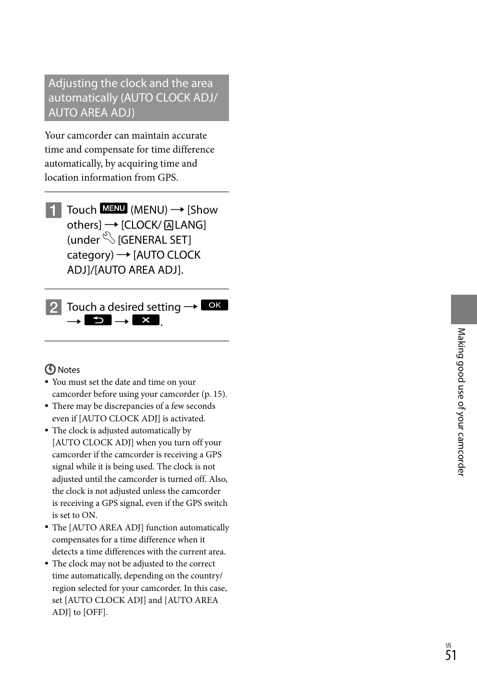 Adjusting the clock and the area automatically, Auto clock adj/auto area adj), Touch a desired setting | Sony HDR-CX300 User Manual | Page 51 / 119