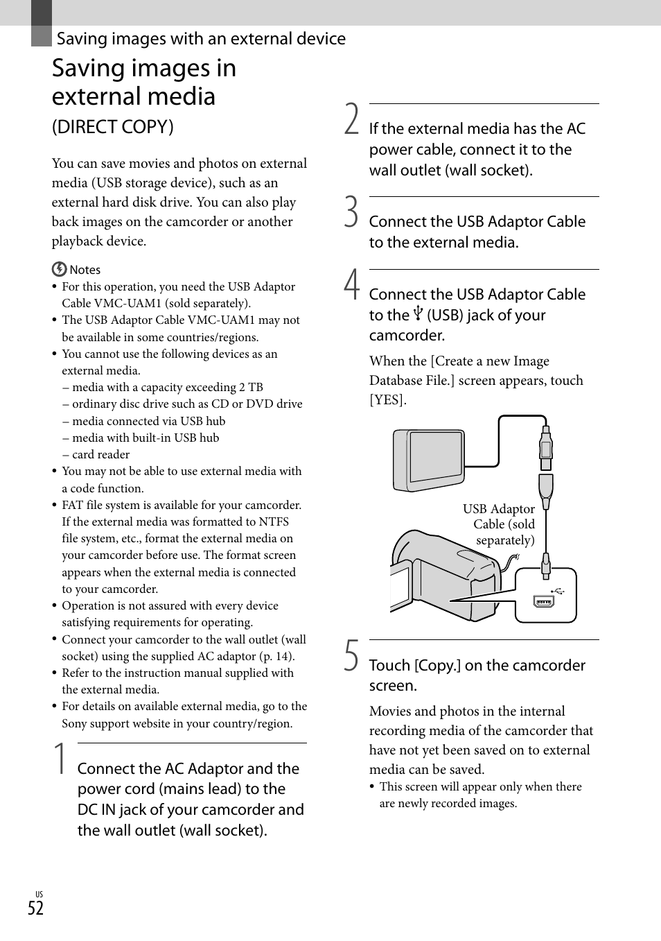 Saving images with an external device, Saving images in external media (direct copy), Saving images in external media | Direct copy) | Sony HDR-CX300 User Manual | Page 52 / 119