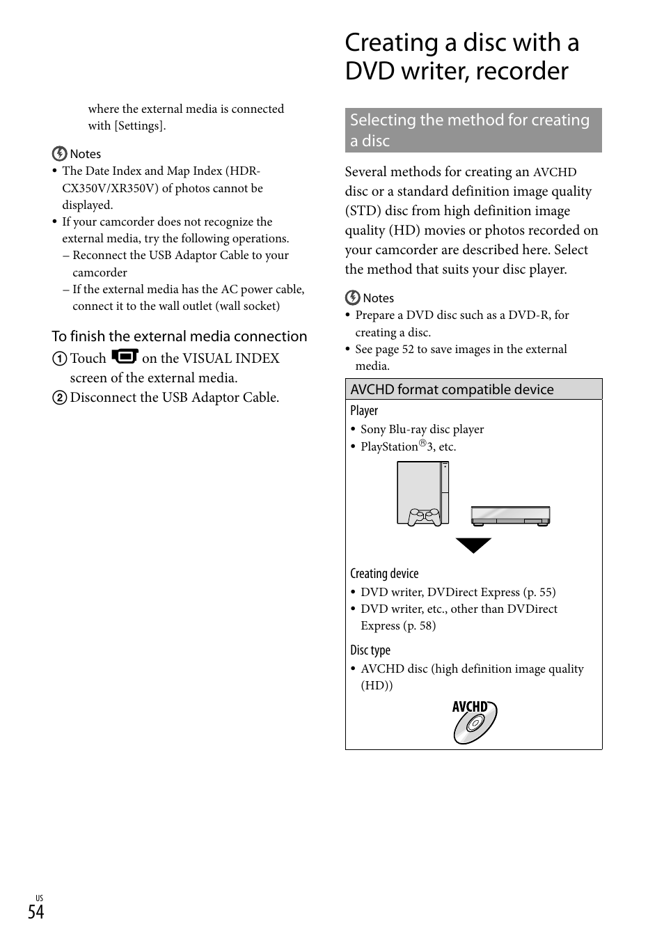 Creating a disc with a dvd writer, recorder, Selecting the method for creating a disc | Sony HDR-CX300 User Manual | Page 54 / 119