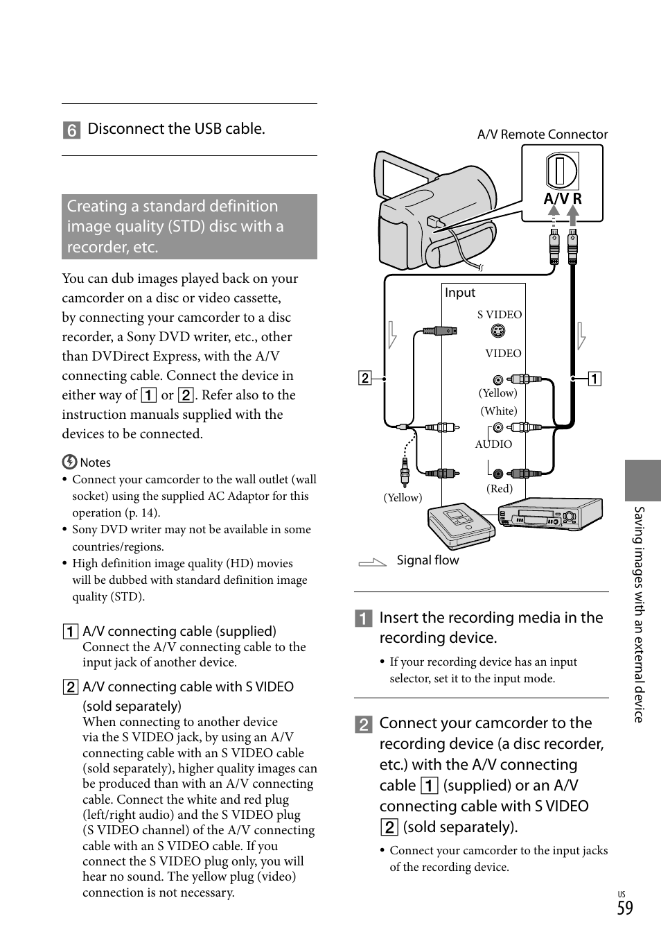 With a recorder, etc, Disconnect the usb cable, Insert the recording media in the recording device | Sony HDR-CX300 User Manual | Page 59 / 119