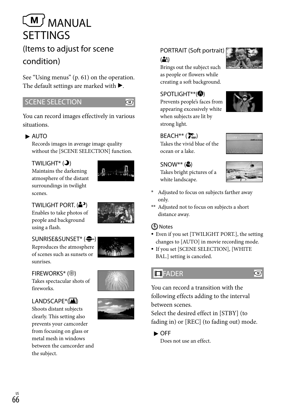 Rks(66), T(66), Manual settings | Items to adjust for scene condition), Scene selection, Fader | Sony HDR-CX300 User Manual | Page 66 / 119