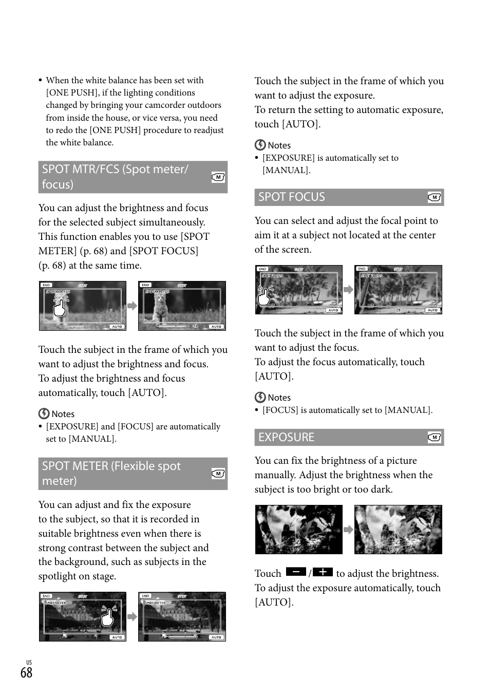 Cus(68), Spot mtr/fcs (spot meter/ focus), Spot meter (flexible spot meter) | Spot focus, Exposure | Sony HDR-CX300 User Manual | Page 68 / 119