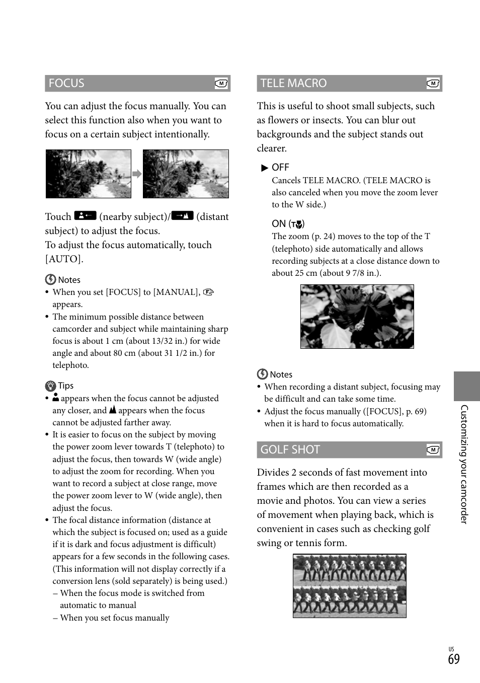 T(69), Focus, Tele macro | Golf shot | Sony HDR-CX300 User Manual | Page 69 / 119