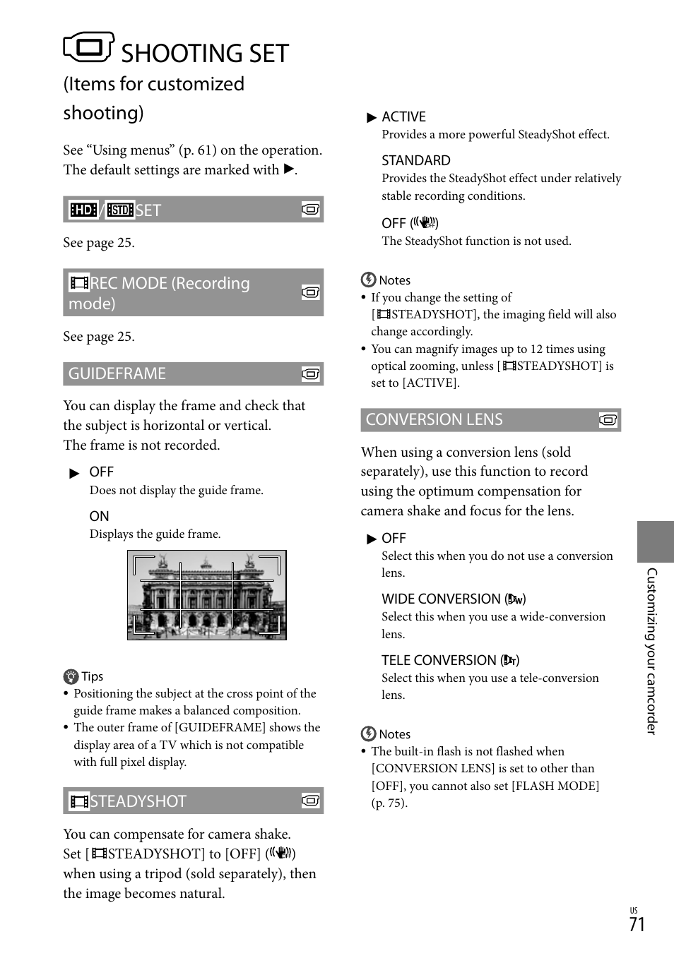 Shooting set (items for customized shooting), Shooting set, Items for customized shooting) | 71), a, Rec mode (recording mode), Guideframe, Steadyshot, Conversion lens | Sony HDR-CX300 User Manual | Page 71 / 119