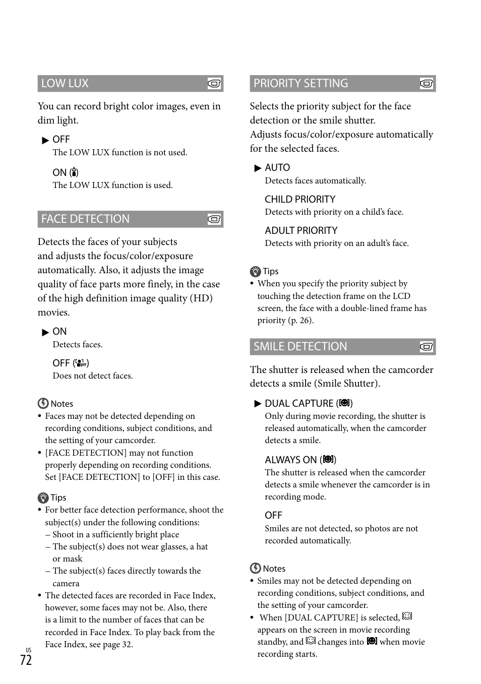 Ux(72), Low lux, Face detection | Priority setting, Smile detection | Sony HDR-CX300 User Manual | Page 72 / 119