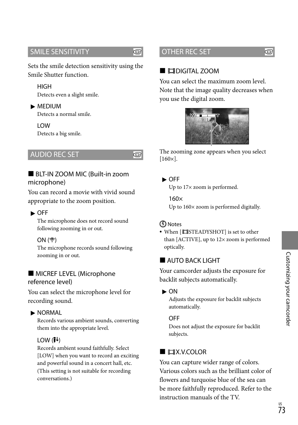 Smile sensitivity, Audio rec set, Other rec set | Sony HDR-CX300 User Manual | Page 73 / 119