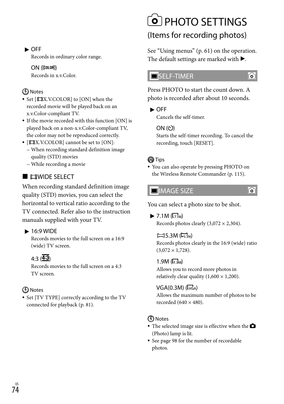 Photo settings (items for recording photos), Photo settings, Items for recording photos) | Self-timer, Image size | Sony HDR-CX300 User Manual | Page 74 / 119