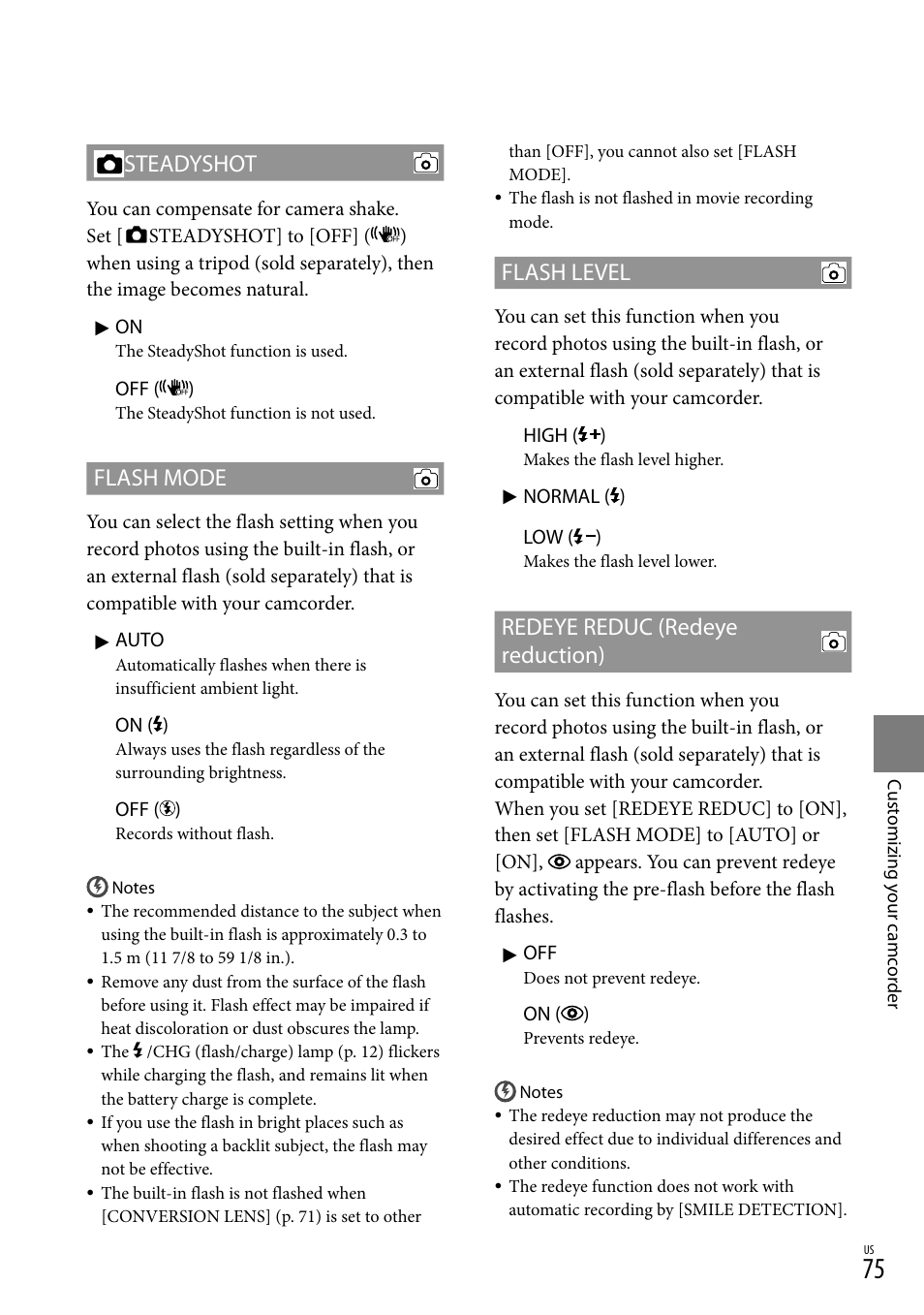 Steadyshot, Flash mode, Flash level | Redeye reduc (redeye reduction) | Sony HDR-CX300 User Manual | Page 75 / 119