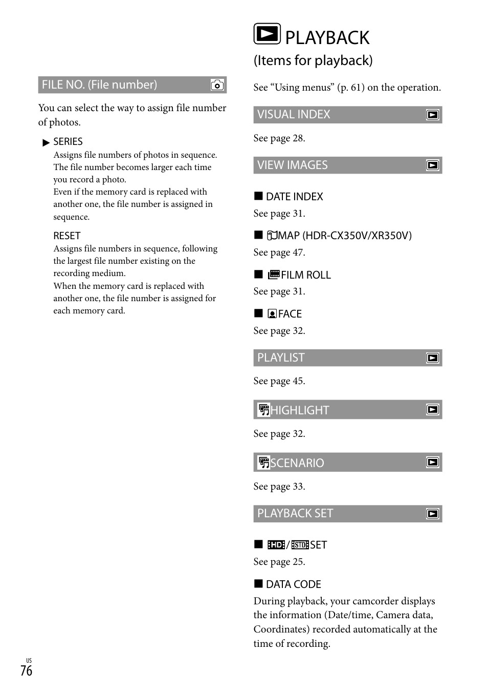 Playback (items for playback), Playback, Items for playback) | Sony HDR-CX300 User Manual | Page 76 / 119