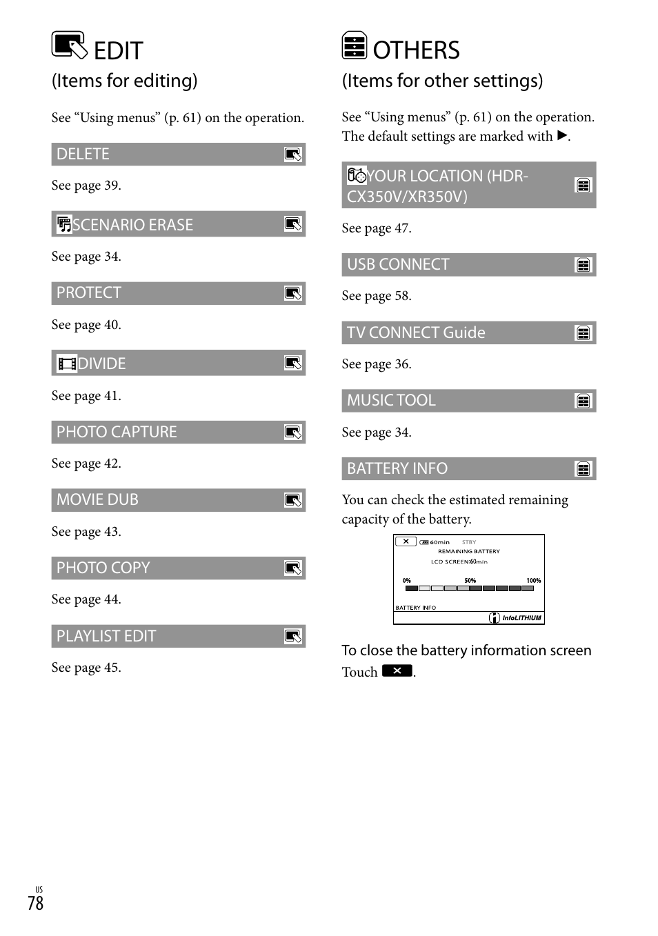 Edit (items for editing), Others (items for other settings), Edit | Items for editing), Others, Items for other settings) | Sony HDR-CX300 User Manual | Page 78 / 119