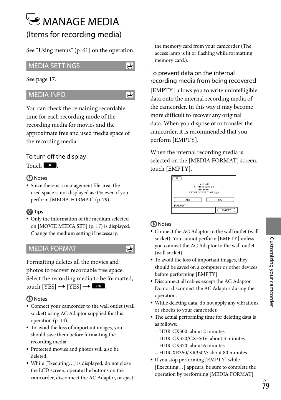 Manage media (items for recording media), 79). i, Manage media | Items for recording media), Media settings, Media info, Media format | Sony HDR-CX300 User Manual | Page 79 / 119