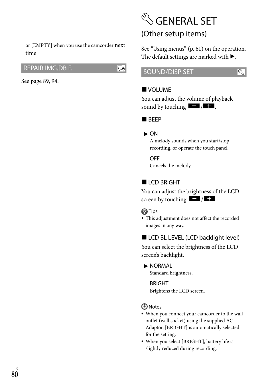 General set (other setup items), General set, Other setup items) | Repair img.db f, Sound/disp set | Sony HDR-CX300 User Manual | Page 80 / 119