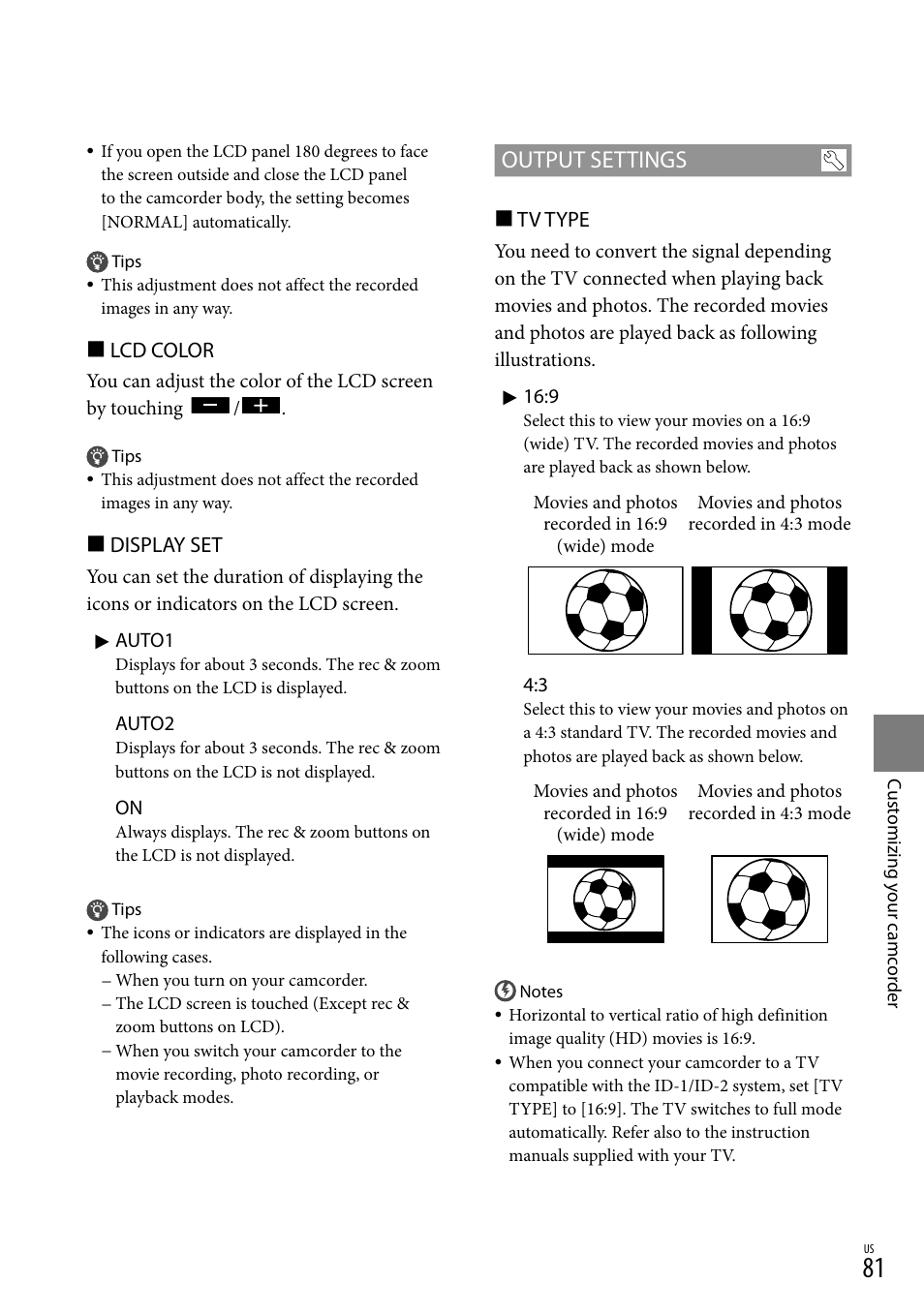 Output settings, Lcd color, Display set | Tv type | Sony HDR-CX300 User Manual | Page 81 / 119