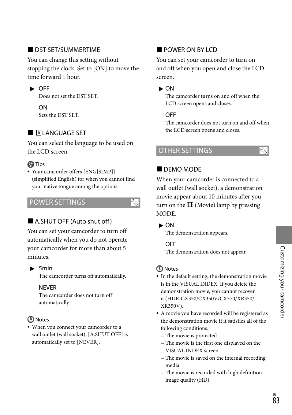 Power settings, Other settings | Sony HDR-CX300 User Manual | Page 83 / 119