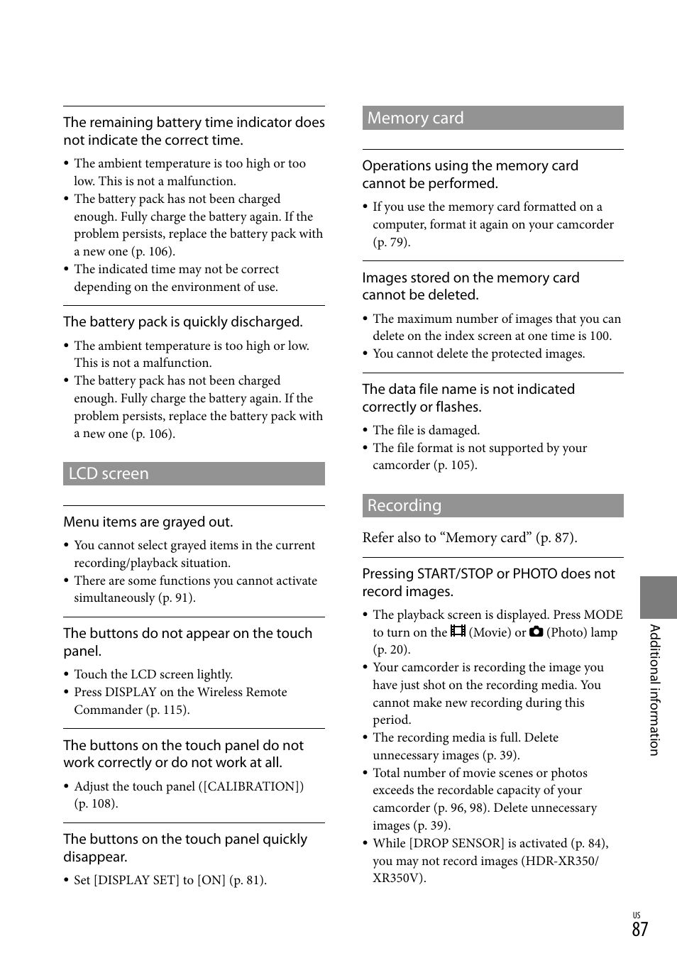 Lcd screen, Memory card, Recording | Sony HDR-CX300 User Manual | Page 87 / 119