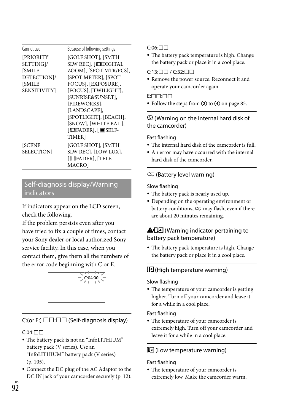 Self-diagnosis display/warning indicators | Sony HDR-CX300 User Manual | Page 92 / 119