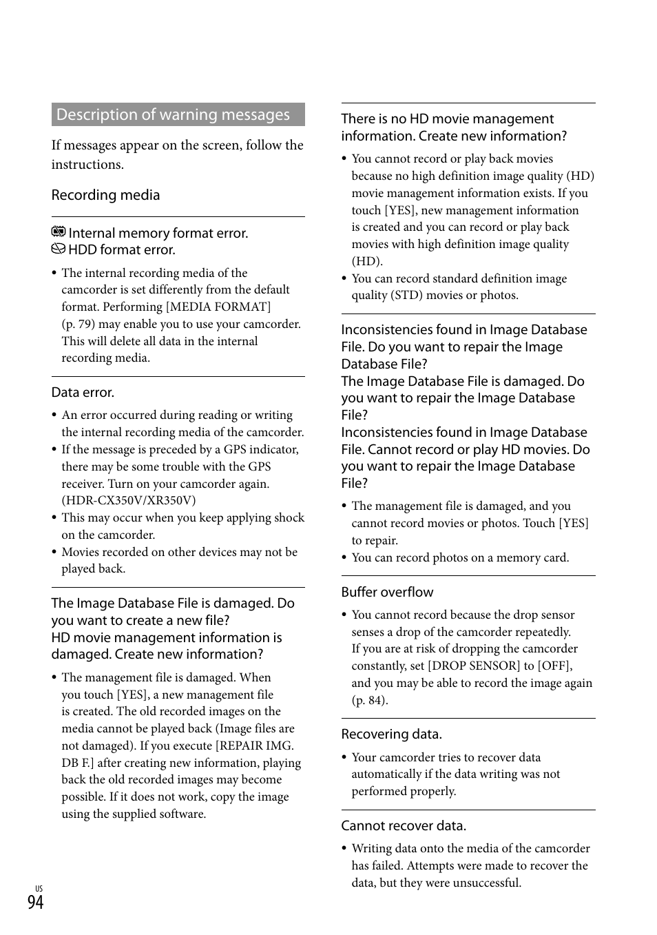 Description of warning messages, Recording media | Sony HDR-CX300 User Manual | Page 94 / 119