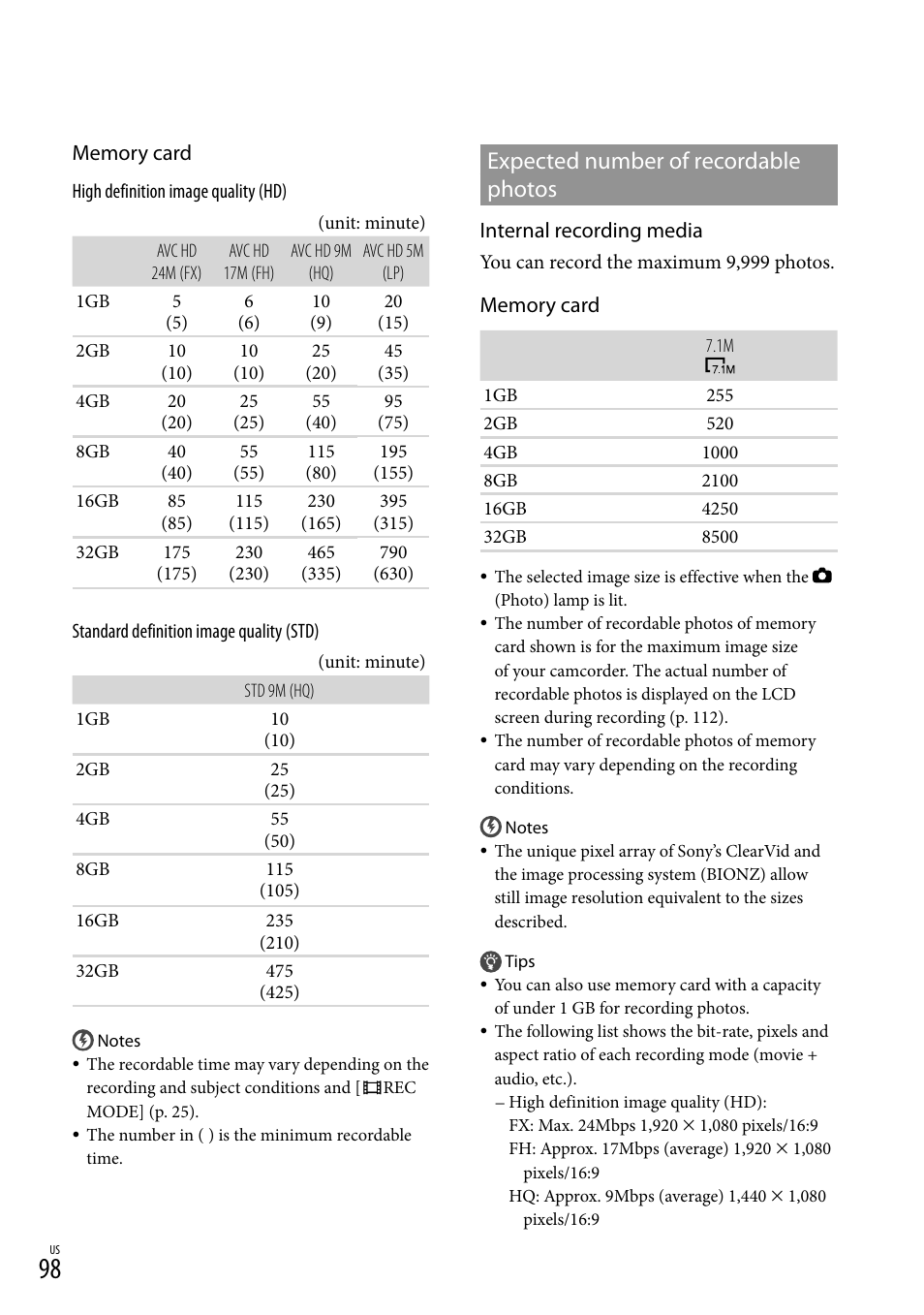 Expected number of recordable photos, E 98 f, Internal recording media | Sony HDR-CX300 User Manual | Page 98 / 119