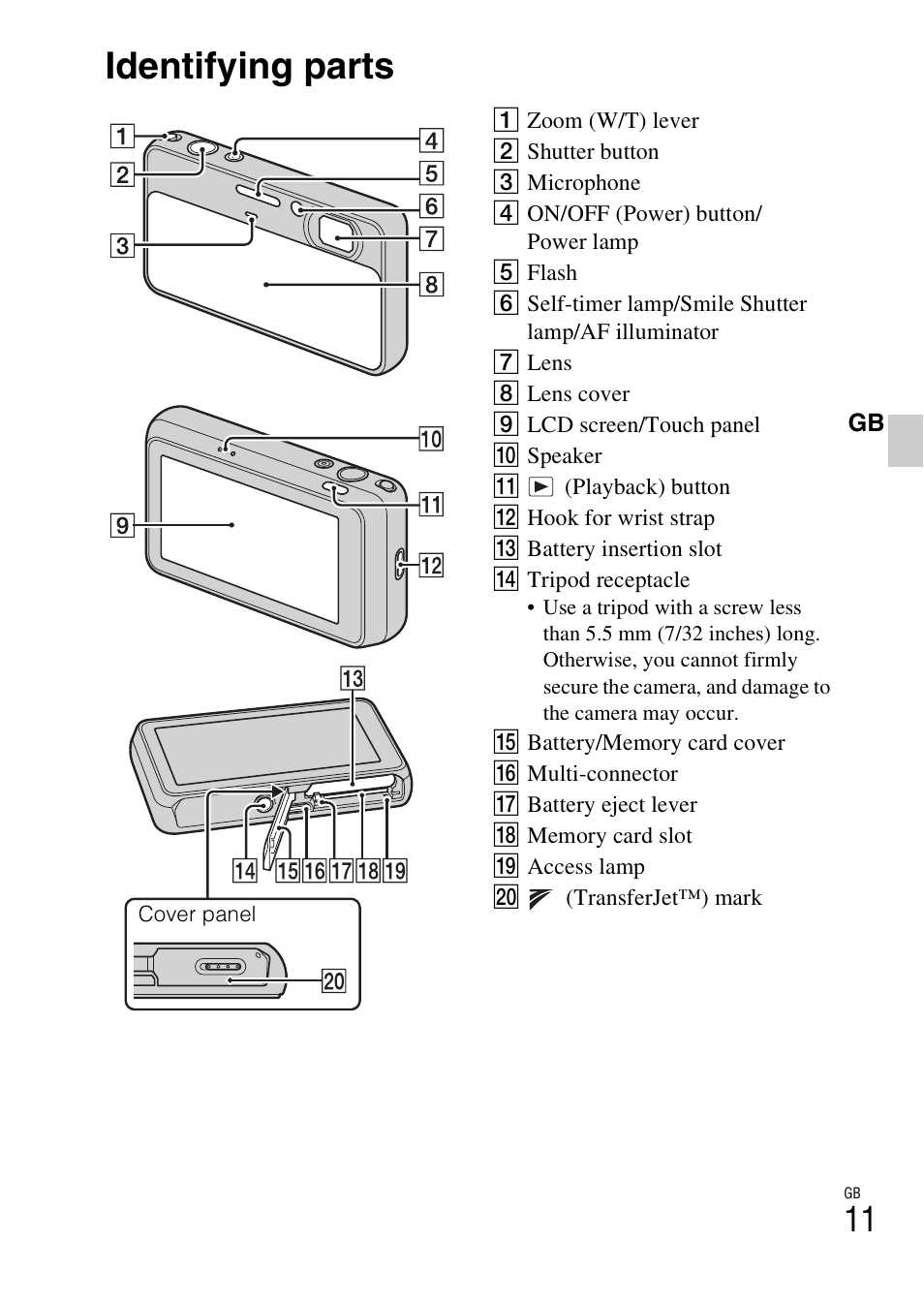 Identifying parts | Sony DSC-T99 User Manual | Page 11 / 64