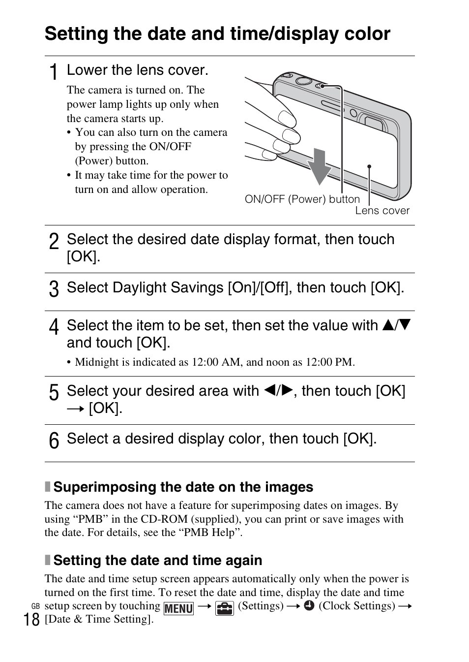 Setting the date and time/display color | Sony DSC-T99 User Manual | Page 18 / 64