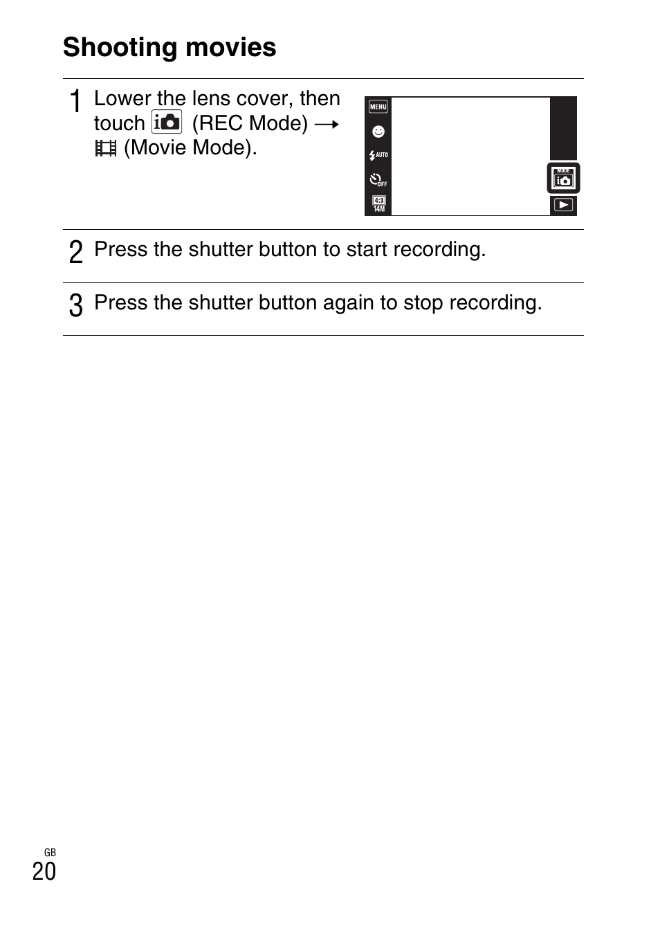 Shooting movies | Sony DSC-T99 User Manual | Page 20 / 64