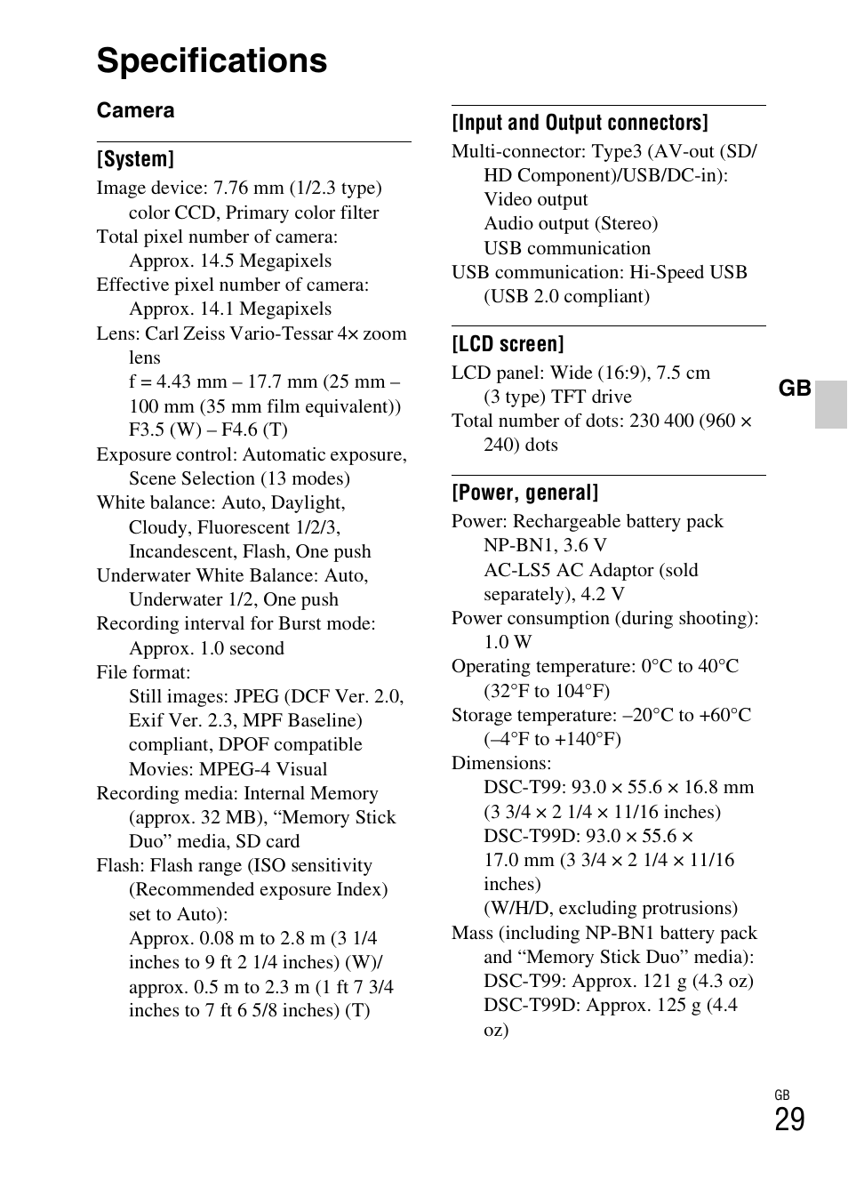 Specifications | Sony DSC-T99 User Manual | Page 29 / 64