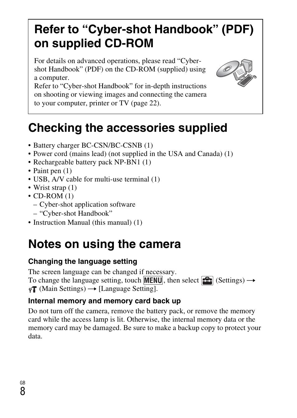 Checking the accessories supplied, Notes on using the camera | Sony DSC-T99 User Manual | Page 8 / 64