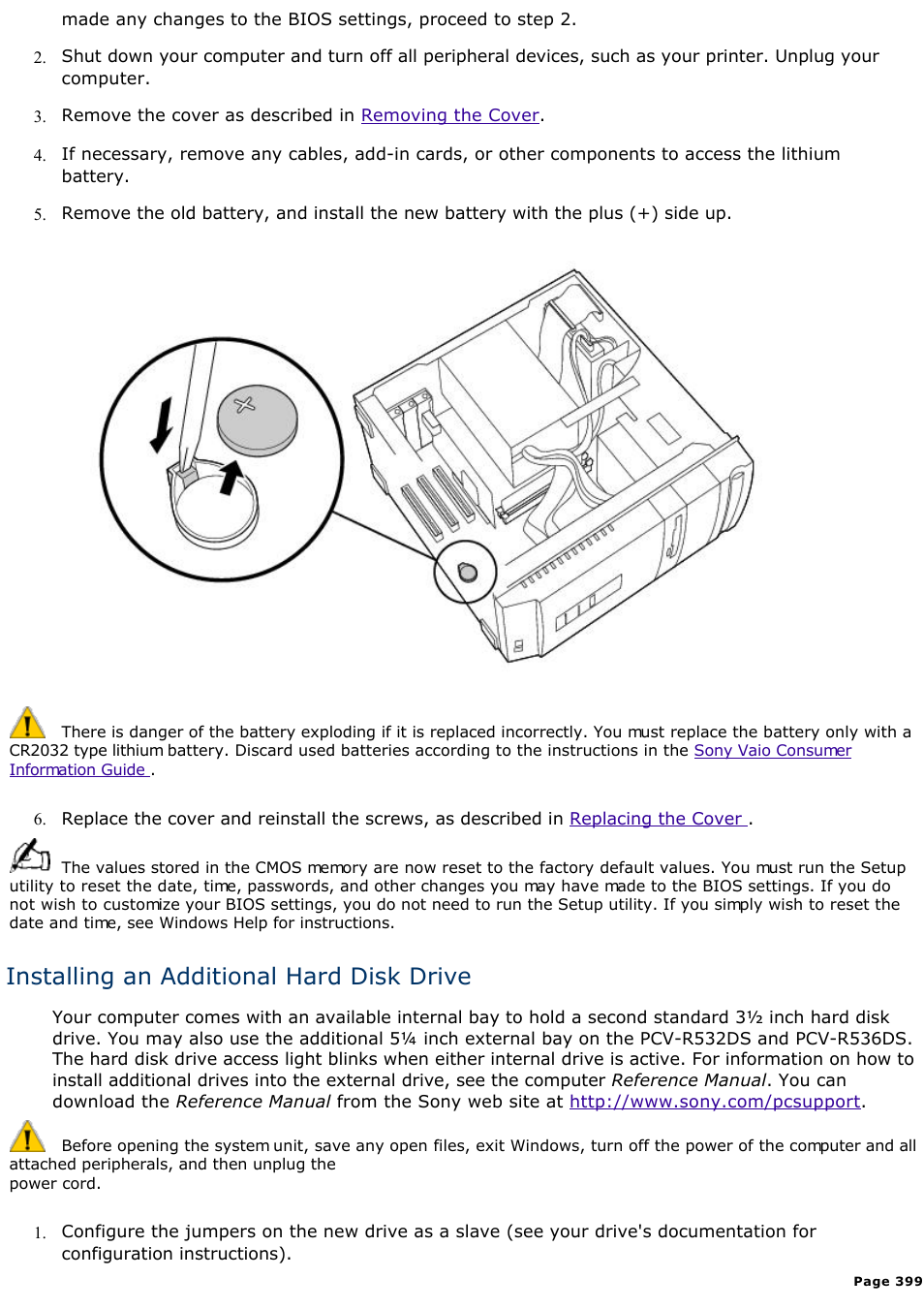 Installing an additional hard disk drive | Sony PCV-R536DS User Manual | Page 399 / 586