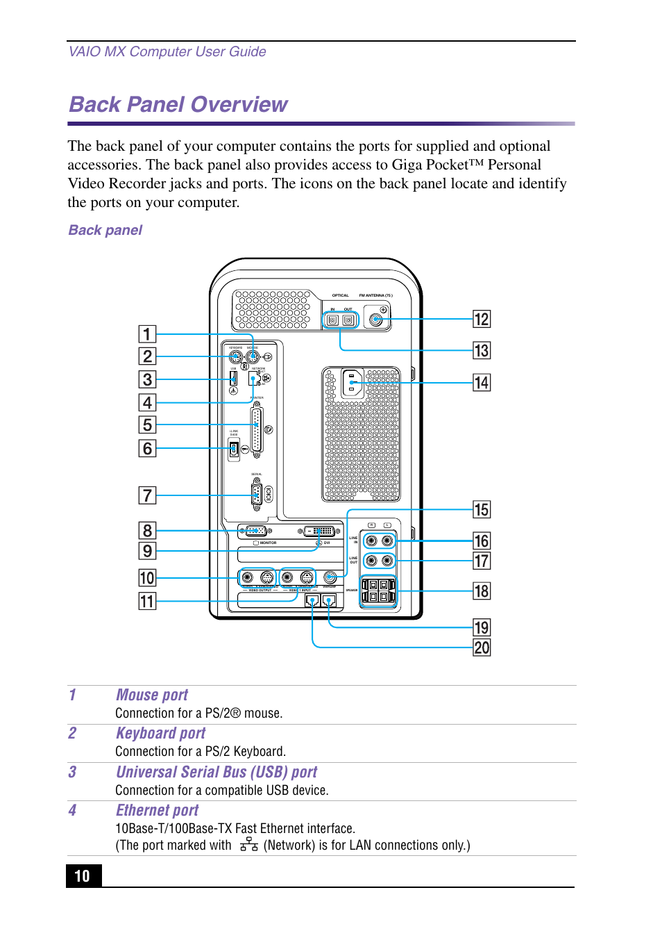 Back panel overview, 1mouse port, 2keyboard port | 3universal serial bus (usb) port, 4ethernet port, Vaio mx computer user guide, Back panel, Connection for a ps/2® mouse, Connection for a ps/2 keyboard, Connection for a compatible usb device | Sony PCV-MXS10 User Manual | Page 10 / 92