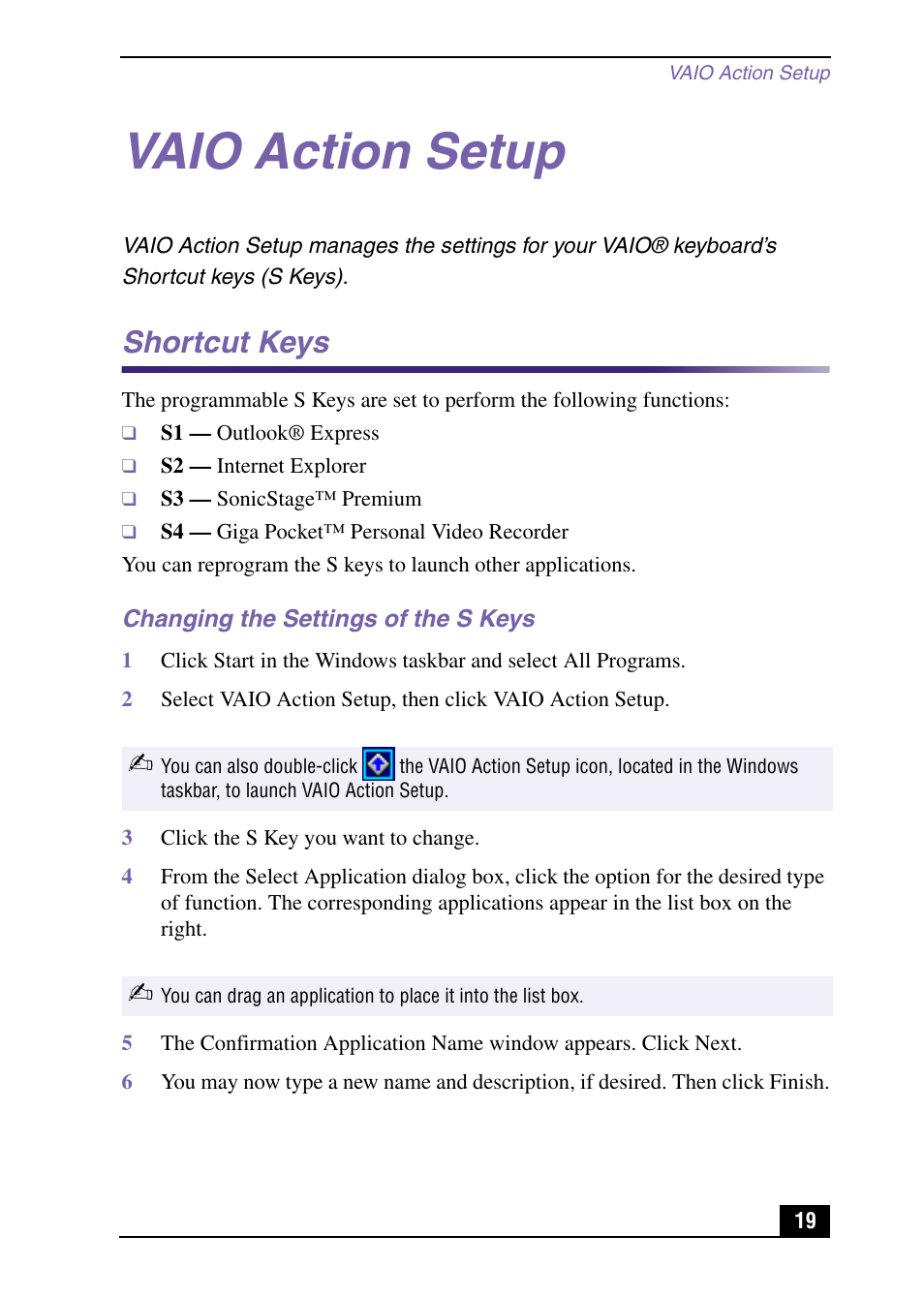 Vaio action setup, Shortcut keys | Sony PCV-MXS10 User Manual | Page 19 / 92