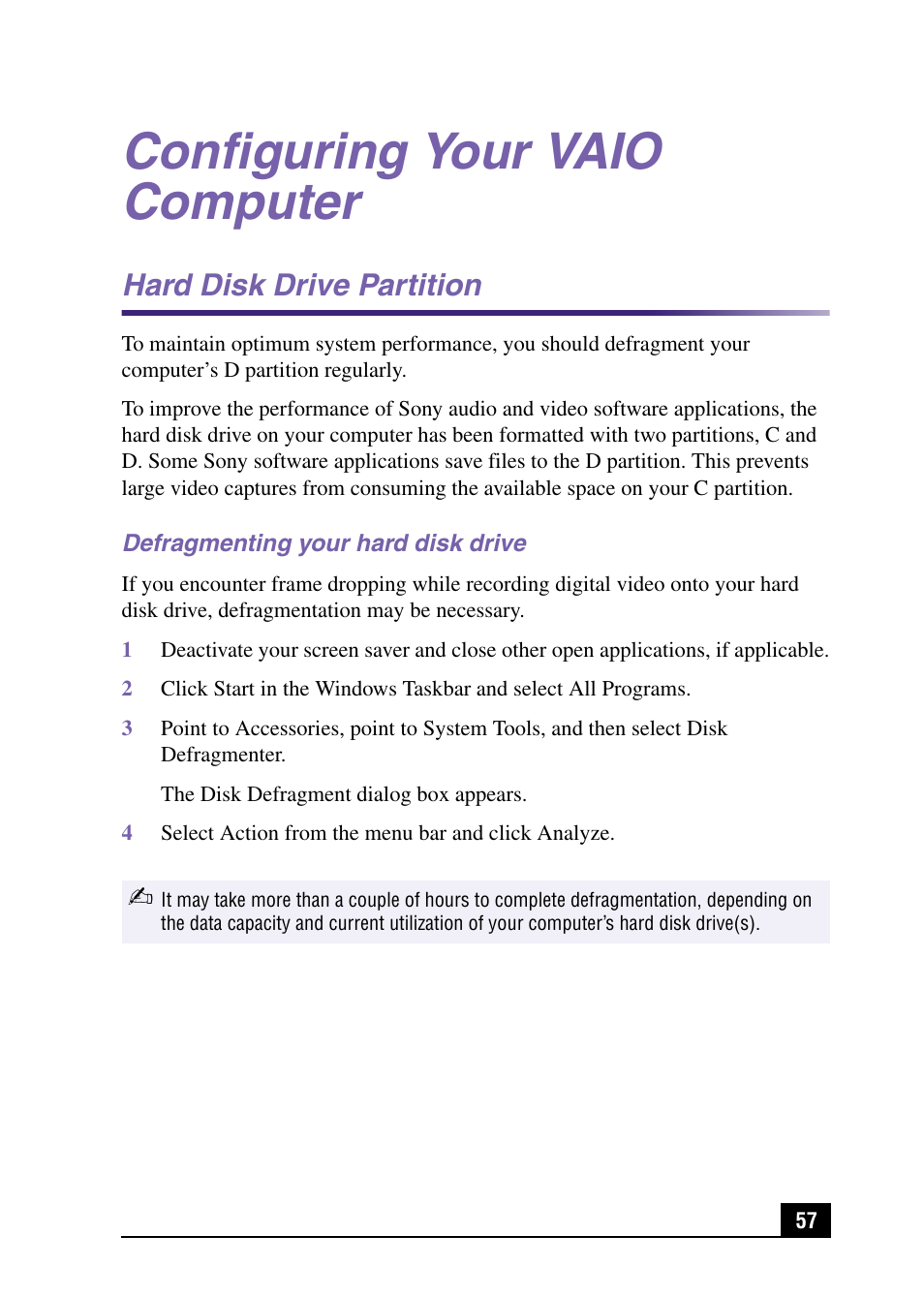 Configuring your vaio computer, Hard disk drive partition | Sony PCV-MXS10 User Manual | Page 57 / 92