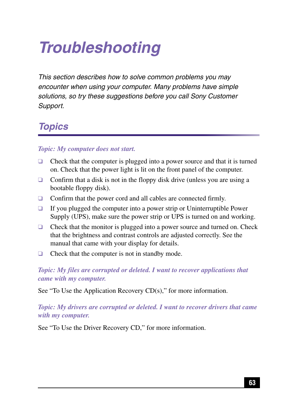 Troubleshooting, Topics | Sony PCV-MXS10 User Manual | Page 63 / 92