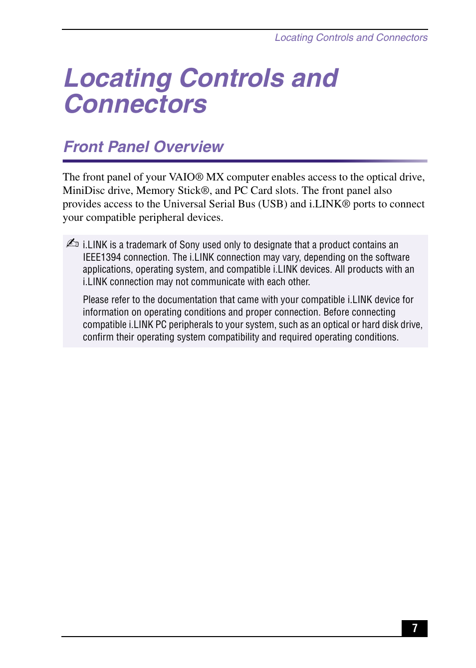 Locating controls and connectors, Front panel overview | Sony PCV-MXS10 User Manual | Page 7 / 92