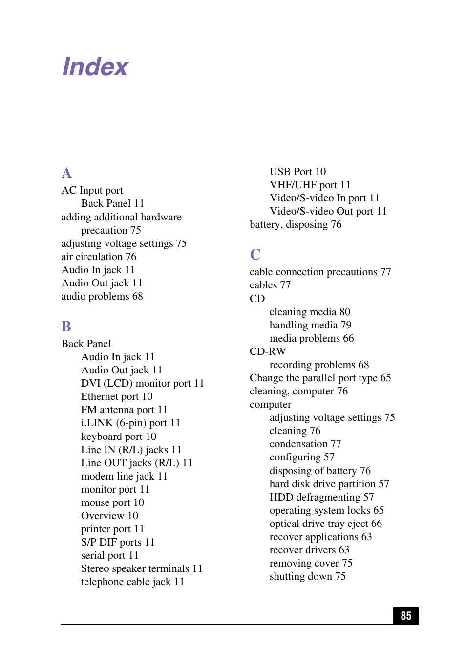 Index | Sony PCV-MXS10 User Manual | Page 85 / 92