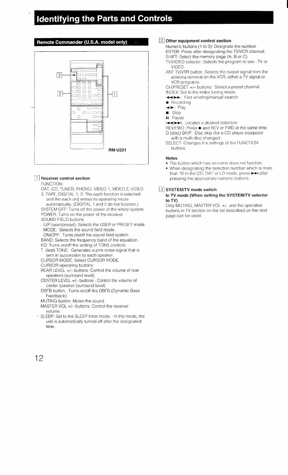 Identifying the parts and controls, Rn receiver control section, I other equipment control section | Notes, 1 system/tv mode switch | Sony STR-D1011 User Manual | Page 12 / 44