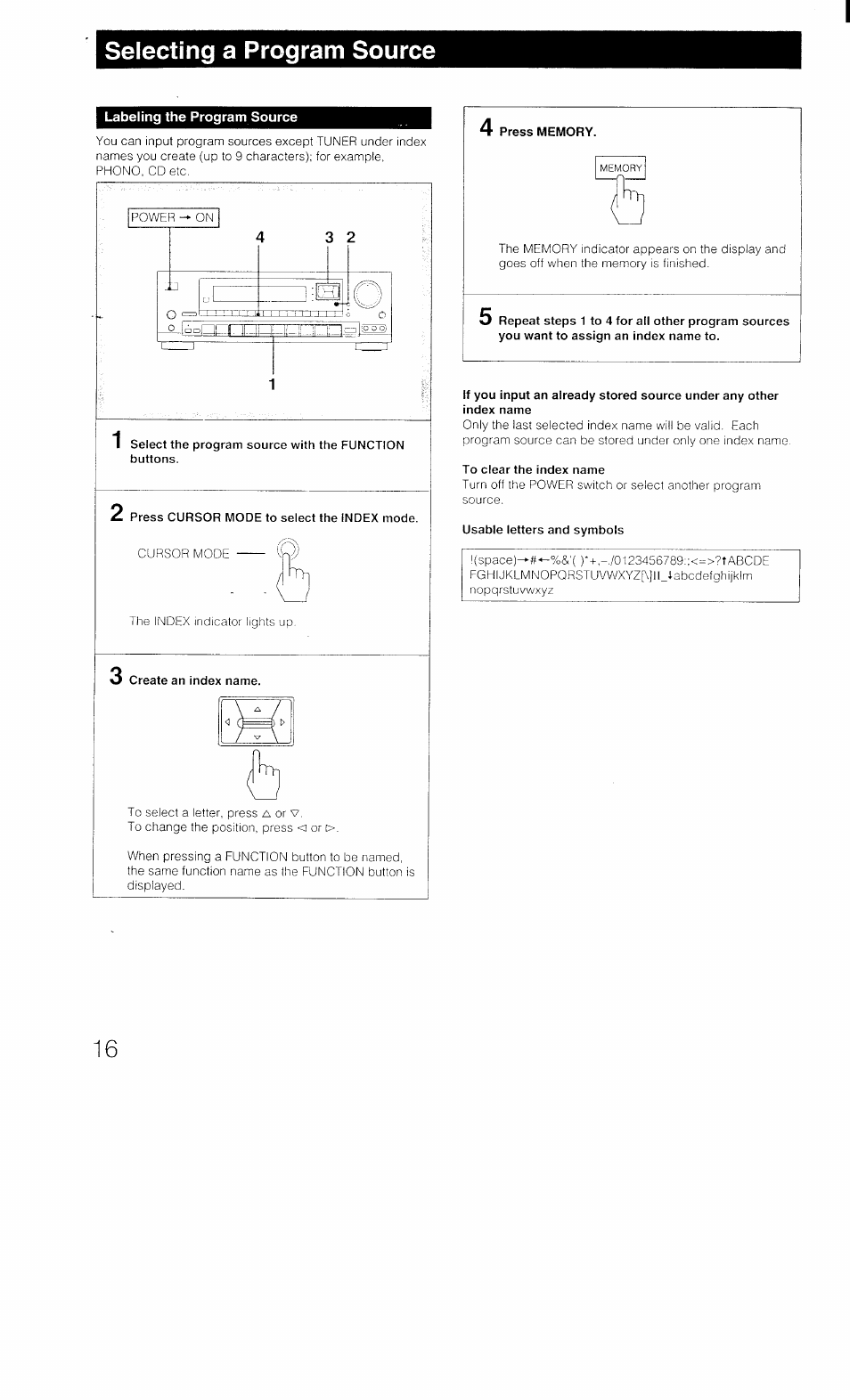 Selecting a program source, Labeling the program source, Press memory | To clear the index name, Usable letters and symbols | Sony STR-D1011 User Manual | Page 16 / 44