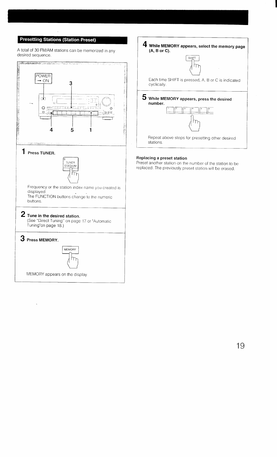 Presetting stations (station preset), 5 while memory appears, press the desired number, Replacing a preset station | Sony STR-D1011 User Manual | Page 19 / 44