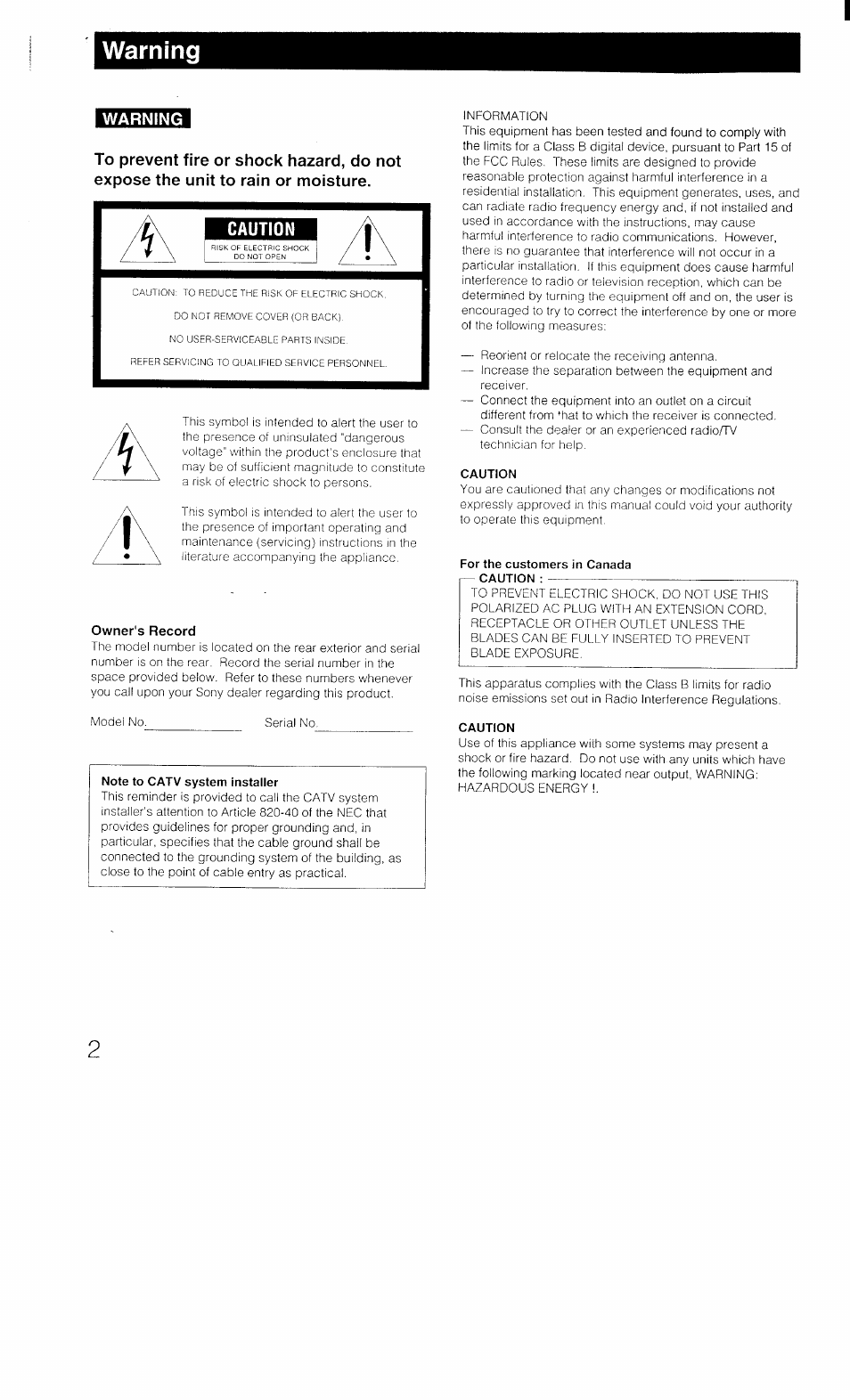 Warning, Note to catv system installer, Caution | For the customers in canada caution | Sony STR-D1011 User Manual | Page 2 / 44