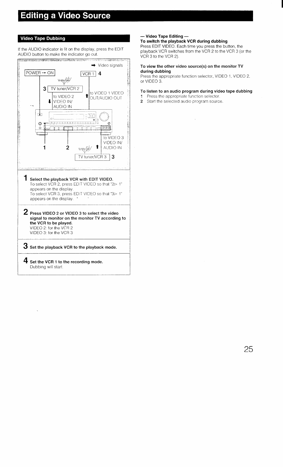 Editing a video source, Video tape dubbing, Select the playback vcr with edit video | Set the playback vcr to the playback mode, 4 set the vcr 1 to the recording mode, Video tape editing, To switch the playback vcr during dubbing | Sony STR-D1011 User Manual | Page 25 / 44