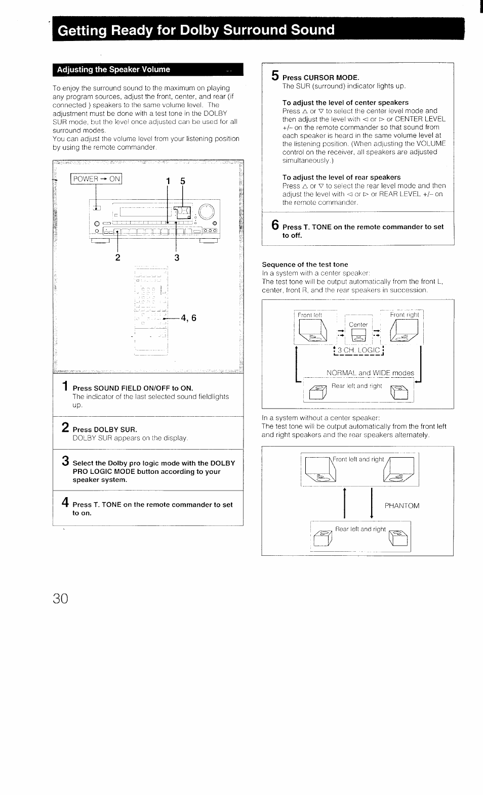 Getting ready for dolby surround sound, Adjusting the speaker volume, 1 press sound field on/off to on | Sequence of the test tone | Sony STR-D1011 User Manual | Page 30 / 44